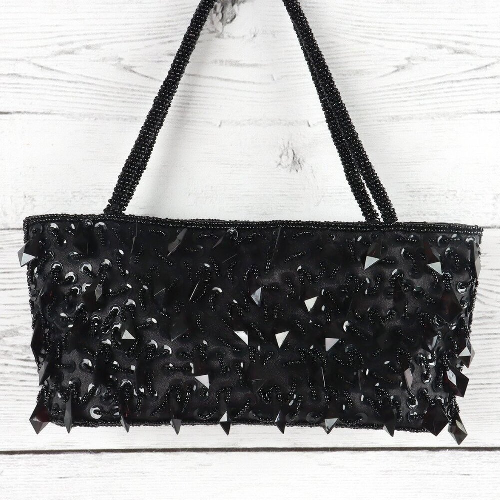 Vintage 90s Bijoux Terner Black Satin Beaded Mini Bag